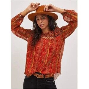 Anthropologie Let Me Be Talitha Floral Cutout Blouse boho red orange top size 8
